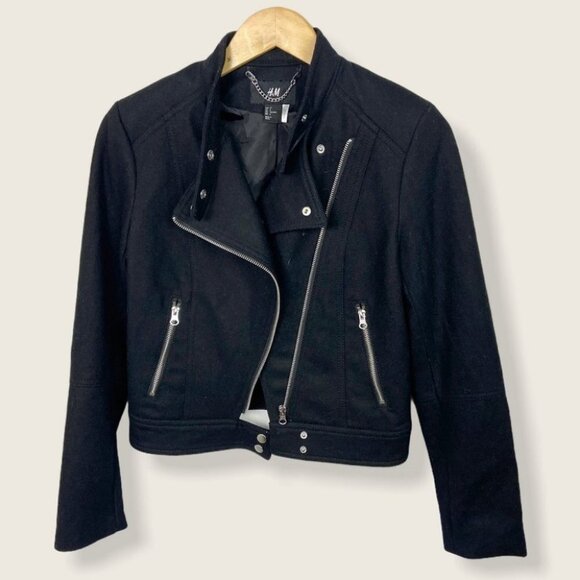 H&M Lana Del Ray Black Moto Biker Jacket Zipper Size 4 Zipper Cuffs Thick Fabric - Picture 4 of 13
